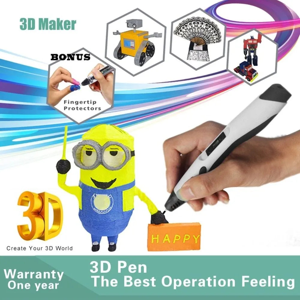 Plastic 3D printing pen in black, 180mm length, for freehand drawing and graffiti