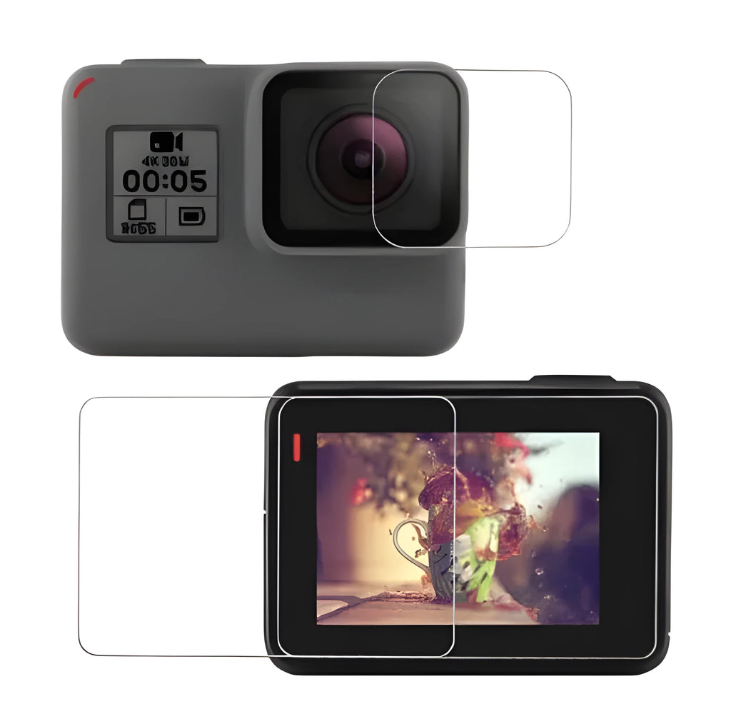 GoPro Hero action camera with transparent 9H tempered glass lens and LCD screen protectors applied.