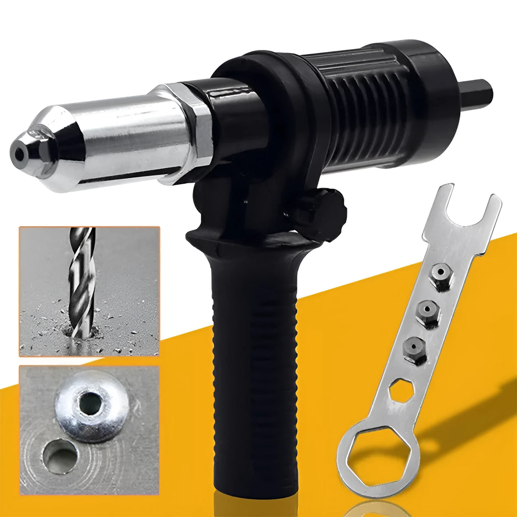 Black metal electric drill rivet gun conversion tool with handle, wrench, and rivet heads