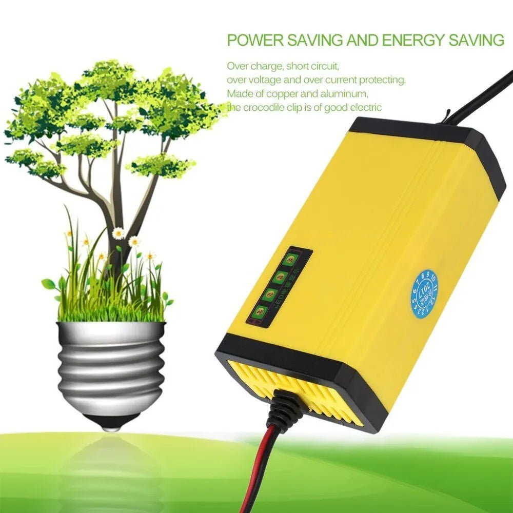 Yellow ABS motorcycle battery charger with alligator clips and 80cm input cable on a white background