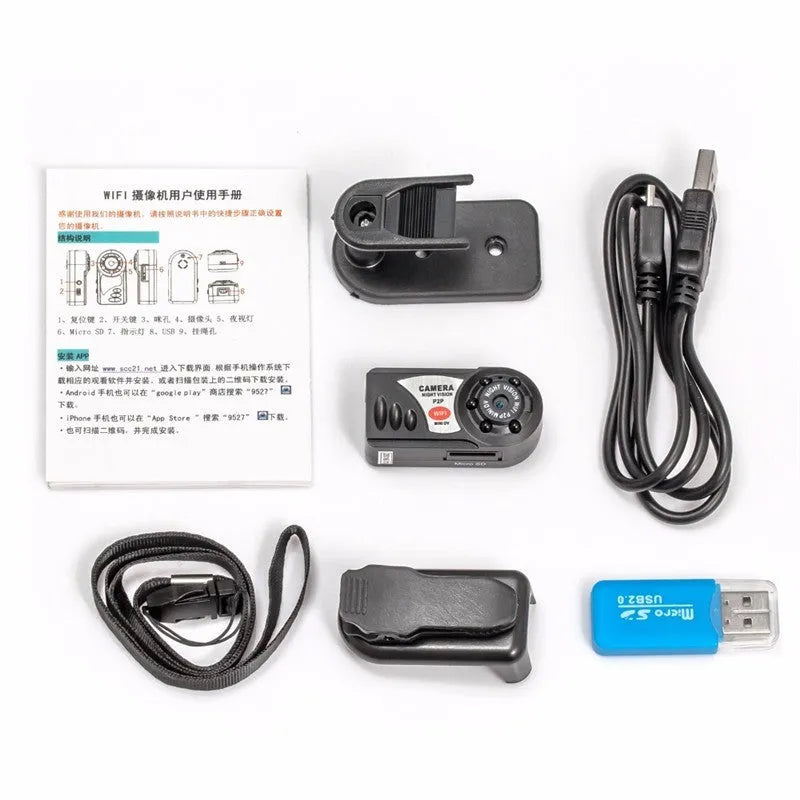 Black wireless network camera with lens, LCD screen, and Wifi for remote monitoring.