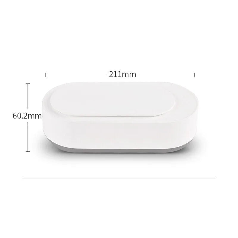 White portable ultrasonic cleaning machine with stainless steel tank and touch button.