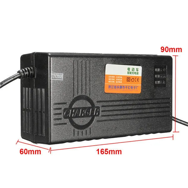 Black 72V20AH electric car charger with choice of AU, EU, or US plug styles
