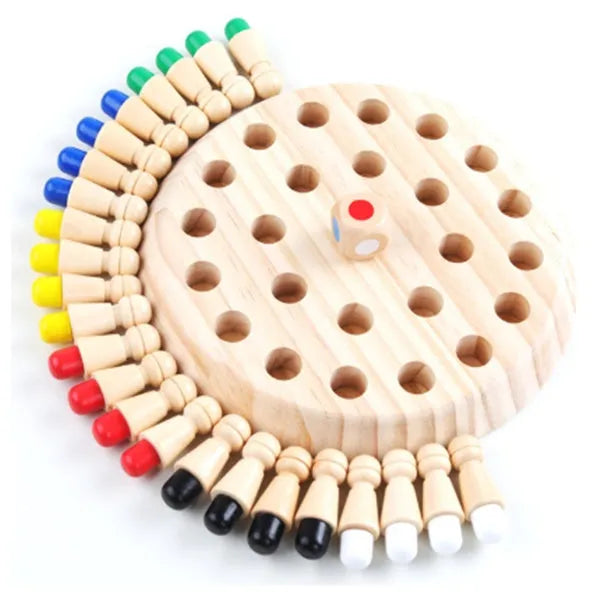 Wooden colour memory chess game board with dice and coloured pieces, 17.5cm square, in colour box