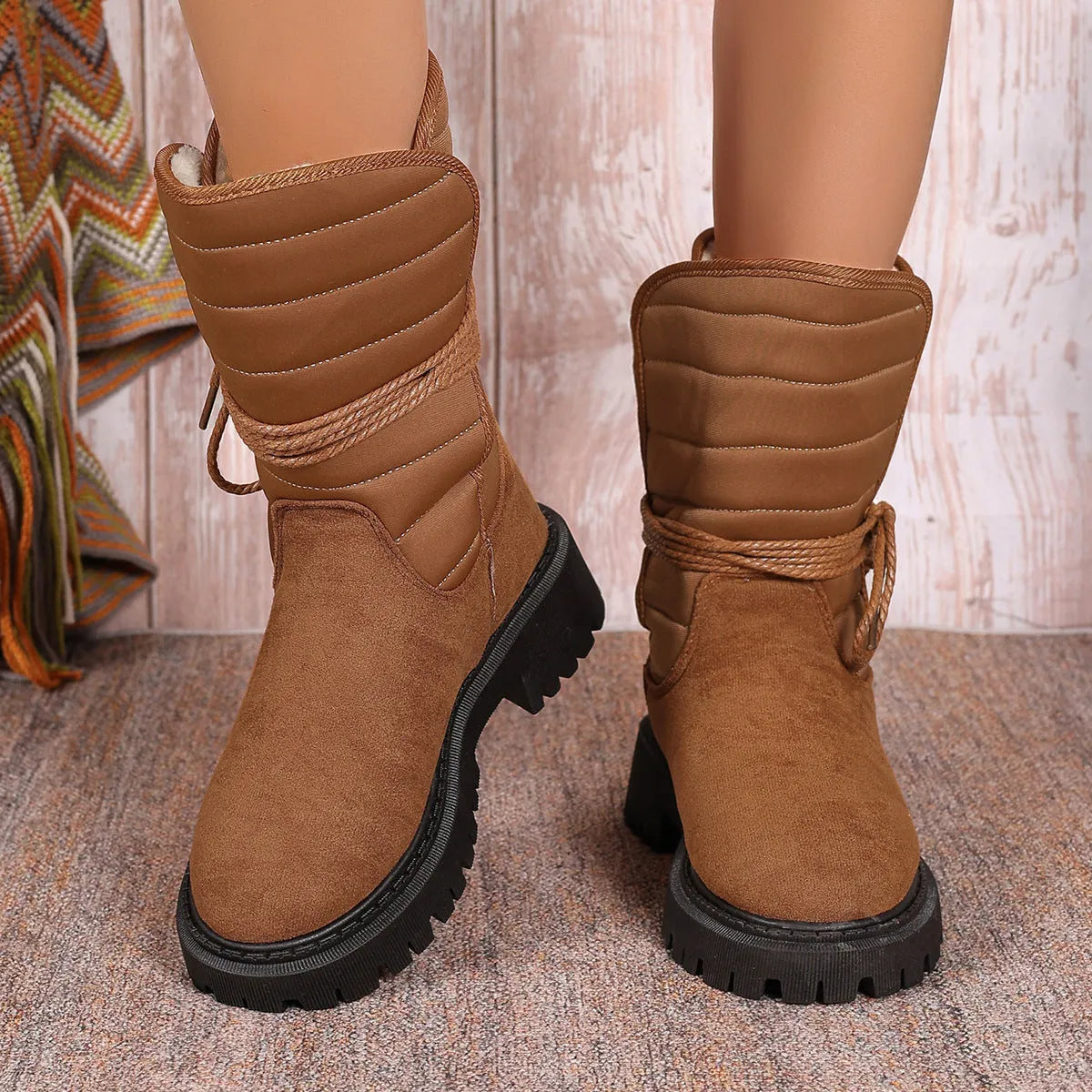 Women's black chunky heel snow boots with suede upper and lace-up design on a white background.