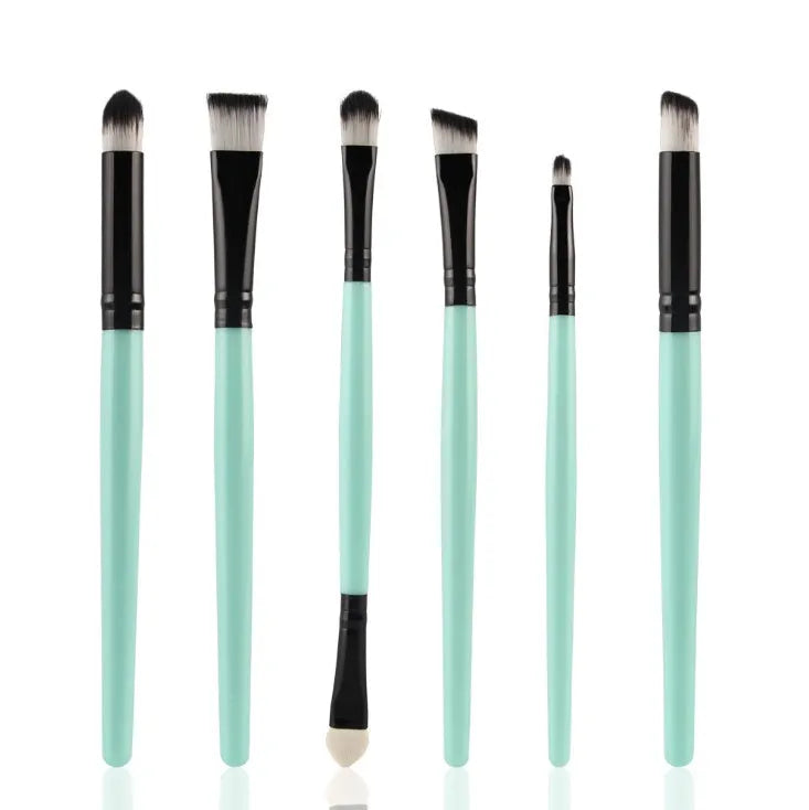 6 piece eye makeup brush set with wood handles and nylon bristles in black colour option on white background
