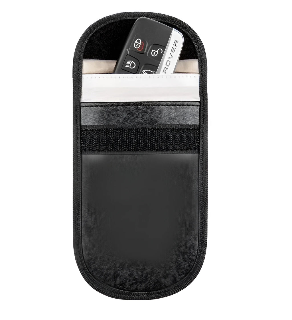 Black microfiber RFID shielding bag for car keys and cards measuring 13.5 by 9.5 cm