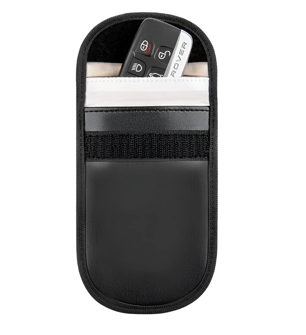 Black microfiber RFID shielding bag for car keys and cards measuring 13.5 by 9.5 cm