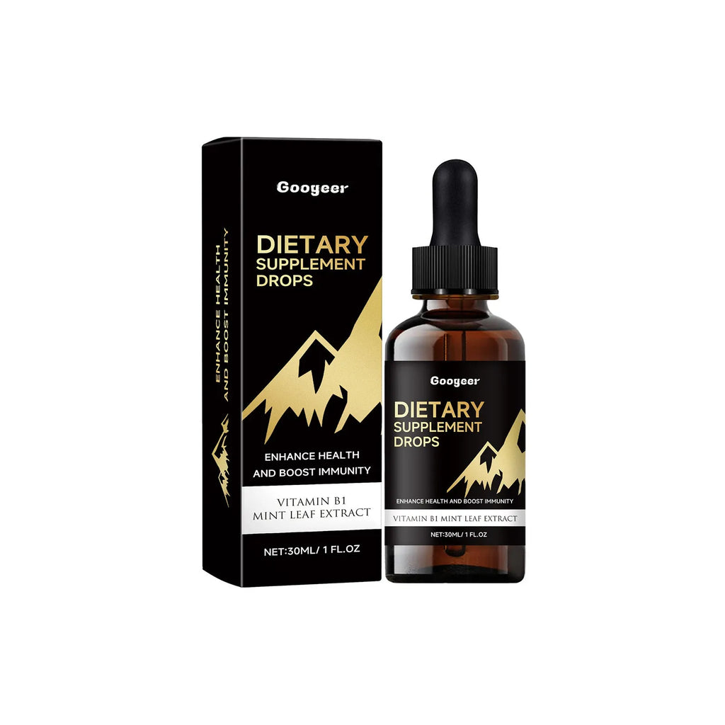Glass dropper bottle containing amber liquid dietary supplement drops for amino acids and vitamin B12.