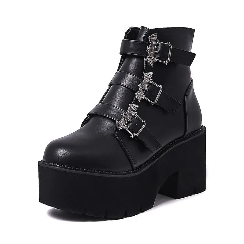 Black women's Harajuku punk gothic Martin boots with bat buckle, platform sole, and side zip.