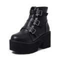 Black women's Harajuku punk gothic Martin boots with bat buckle, platform sole, and side zip.