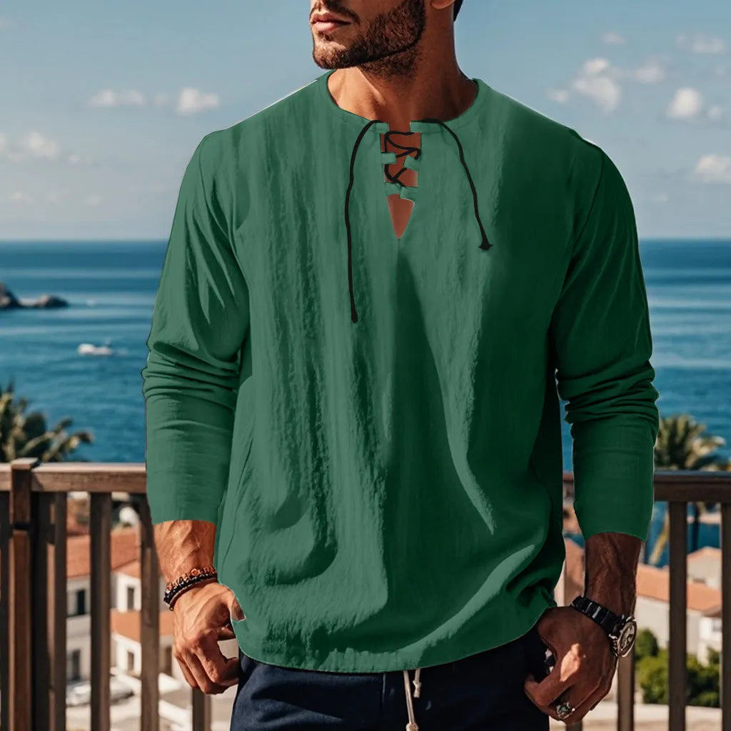 Men's loose-fit solid colour cotton linen pullover shirt on a hanger.