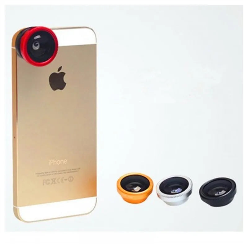 3-in-1 smartphone camera lens kit with fisheye, wide-angle and macro lenses in aluminium housing
