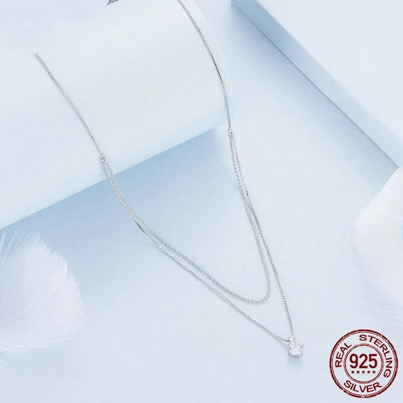 S925 sterling silver double-layer necklace with pearl chain in silver colour