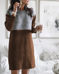 Brown women's patchwork sweater dress with princess silhouette and long sleeves in retro style