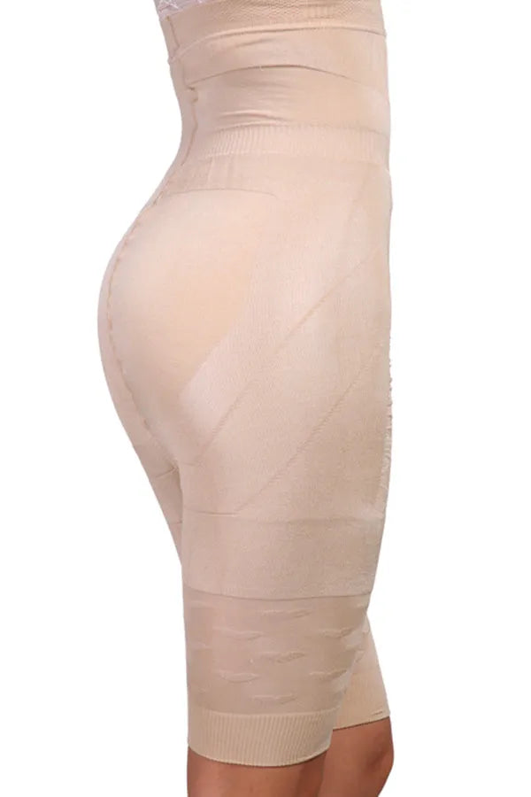 Women's black seamless high-waist shapewear shorts for tummy control laid flat.