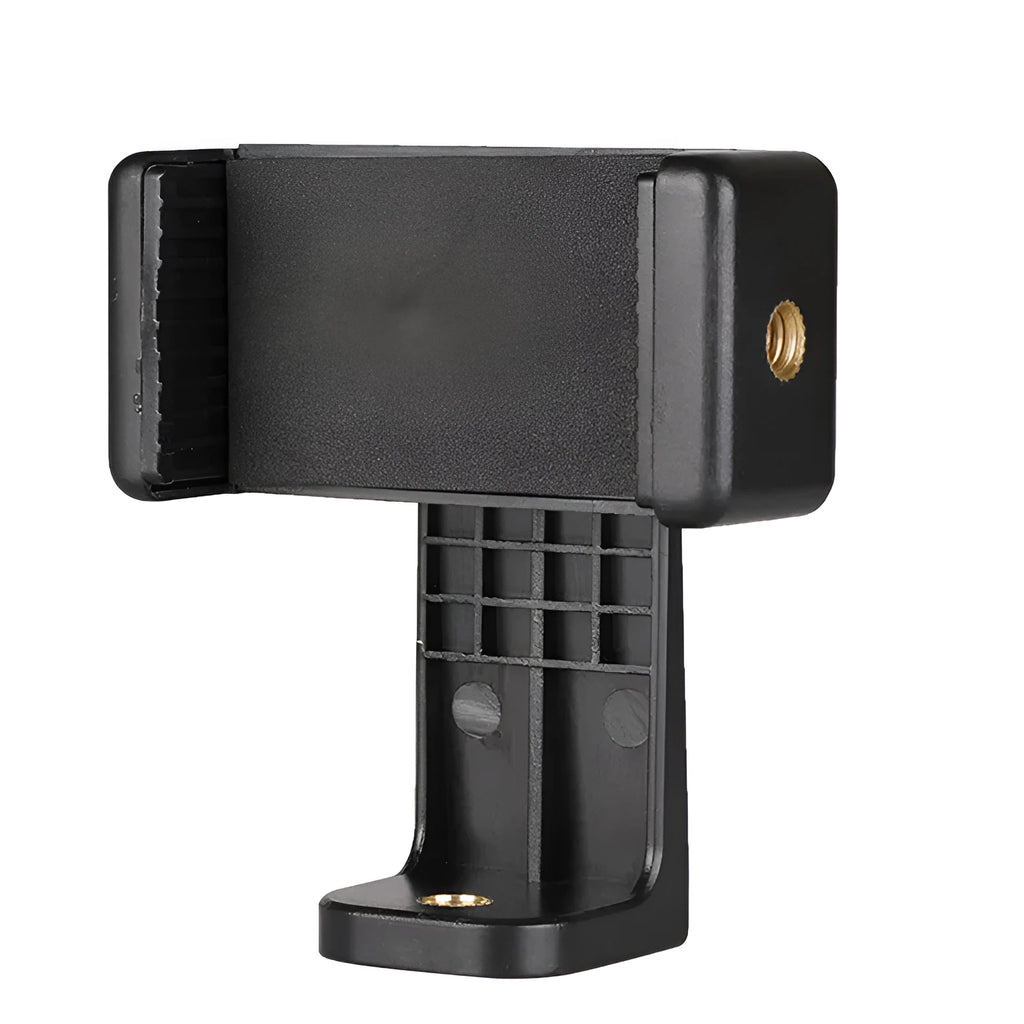 Black plastic rotating phone holder with clamp mechanism showing compact dimensions