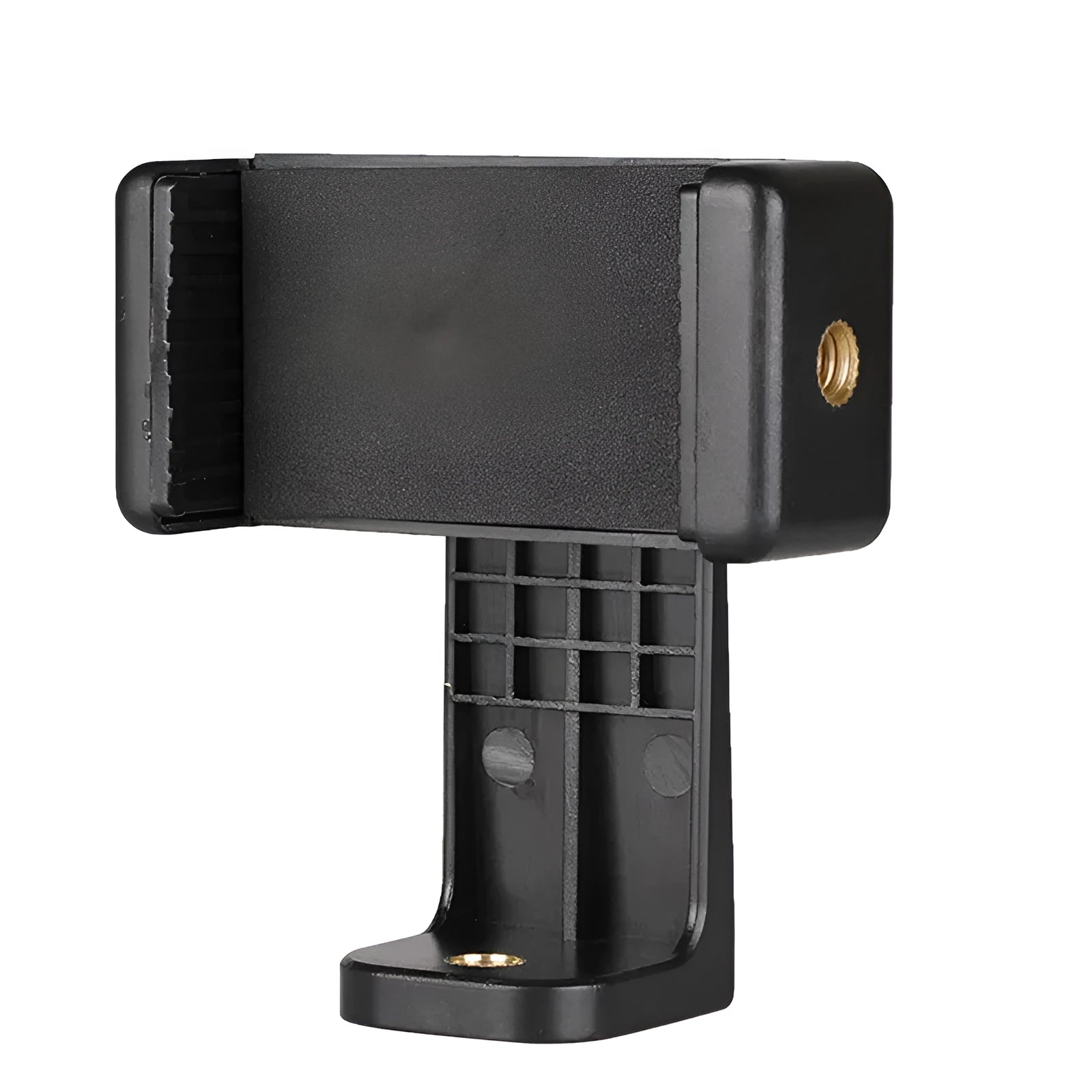 Black plastic rotating phone holder with clamp mechanism showing compact dimensions