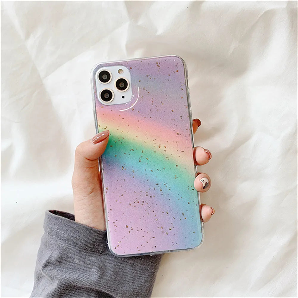 Rainbow gradient striped flexible TPU case for iPhone on a white background.
