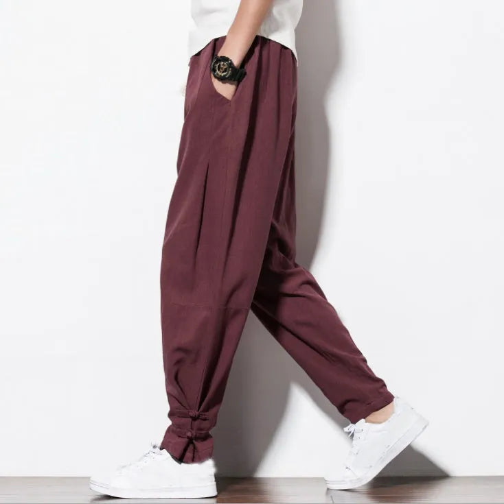 Men's linen harem pants in blue, loose vintage joggers with drawstring waist, sizes M to 5XL