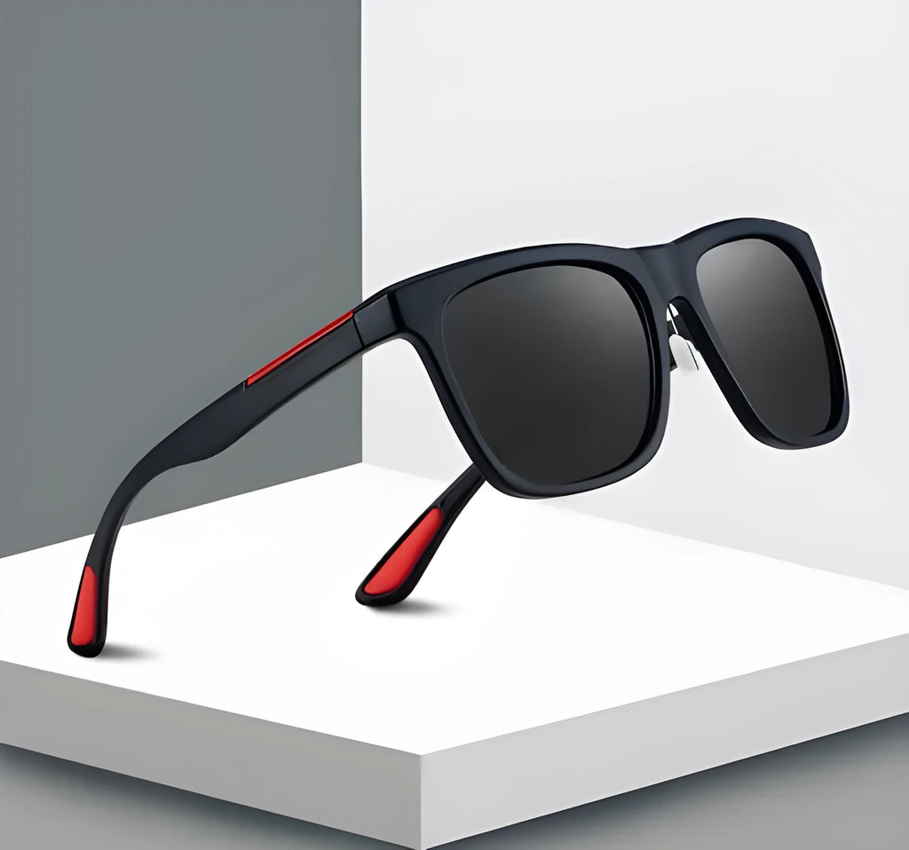 Men's photochromic square sunglasses with UV400 protection and resin lens in black with red edge