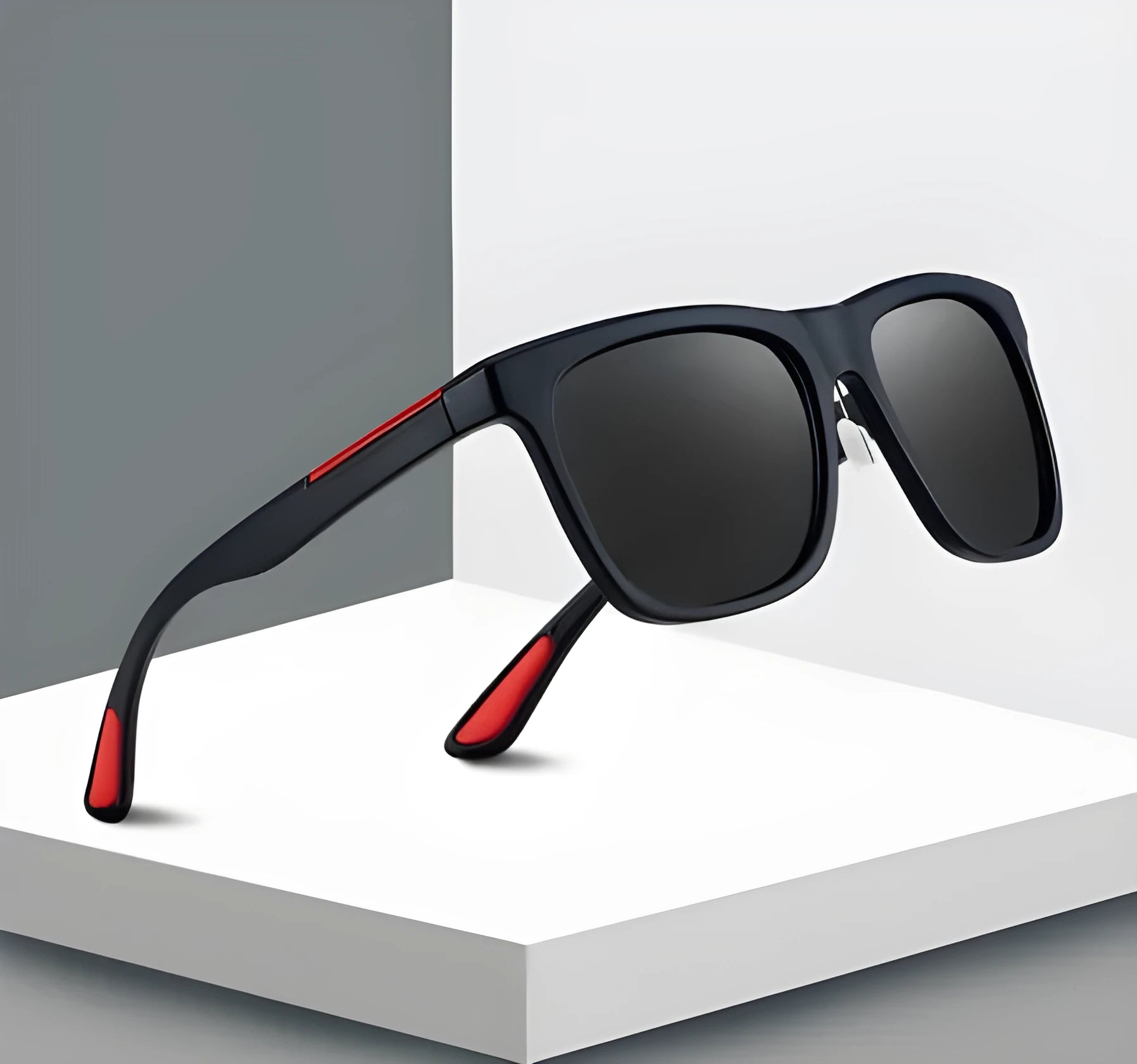 Men's photochromic square sunglasses with UV400 protection and resin lens in black with red edge
