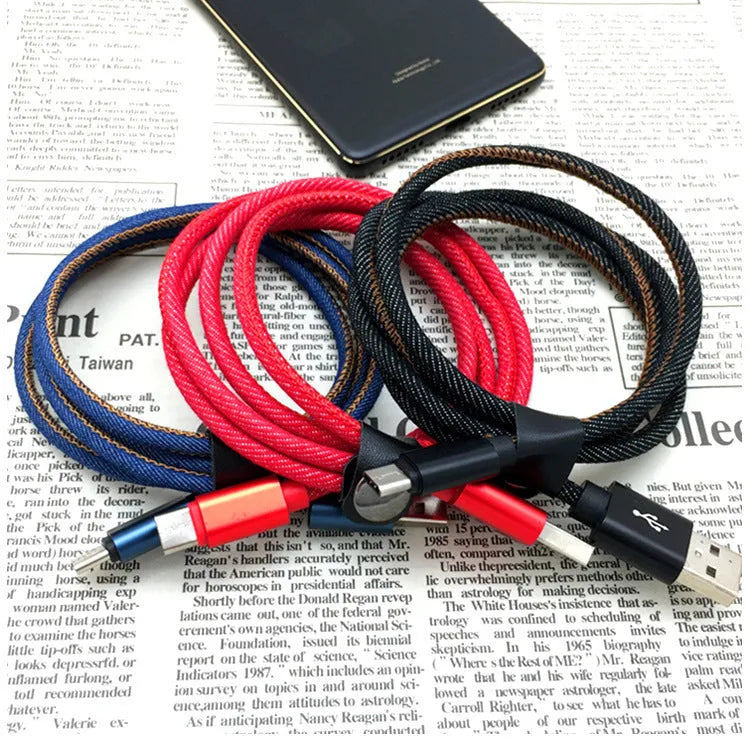 Denim braided USB Type-C charging cable with aluminium connectors in black, blue, or red.