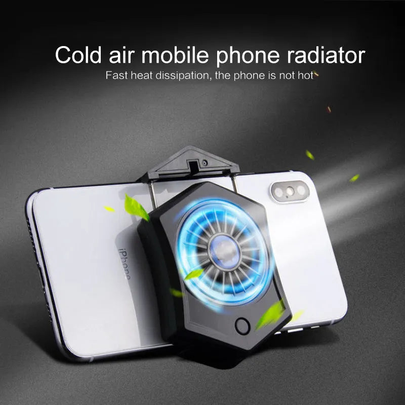 Black and white mobile phone radiator cooling fan with USB cable and adjustable mounting clips