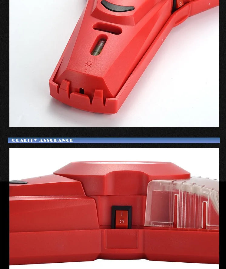 Red portable infrared laser level tool with punching and woodworking line functions on a white background.