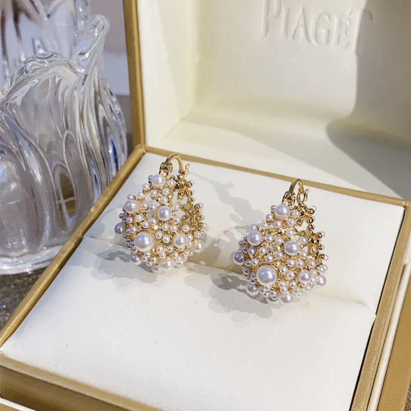 Gold flower basket earrings with pearl inlay and small rice-shaped beads for women