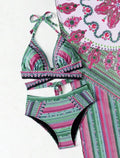 Women's split cross strap retro ethnic style bikini set in polyester, green and red colour options, sizes S to XL