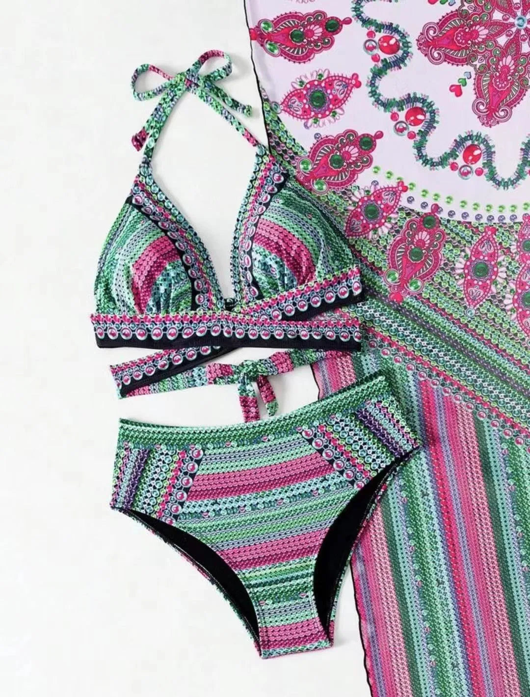 Women's split cross strap retro ethnic style bikini set in polyester, green and red colour options, sizes S to XL