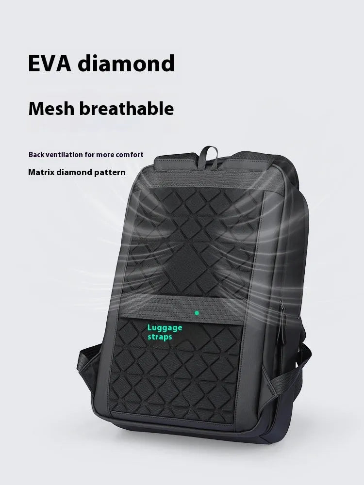 Graphite grey USB business backpack with Oxford cloth exterior and visible sewing thread construction