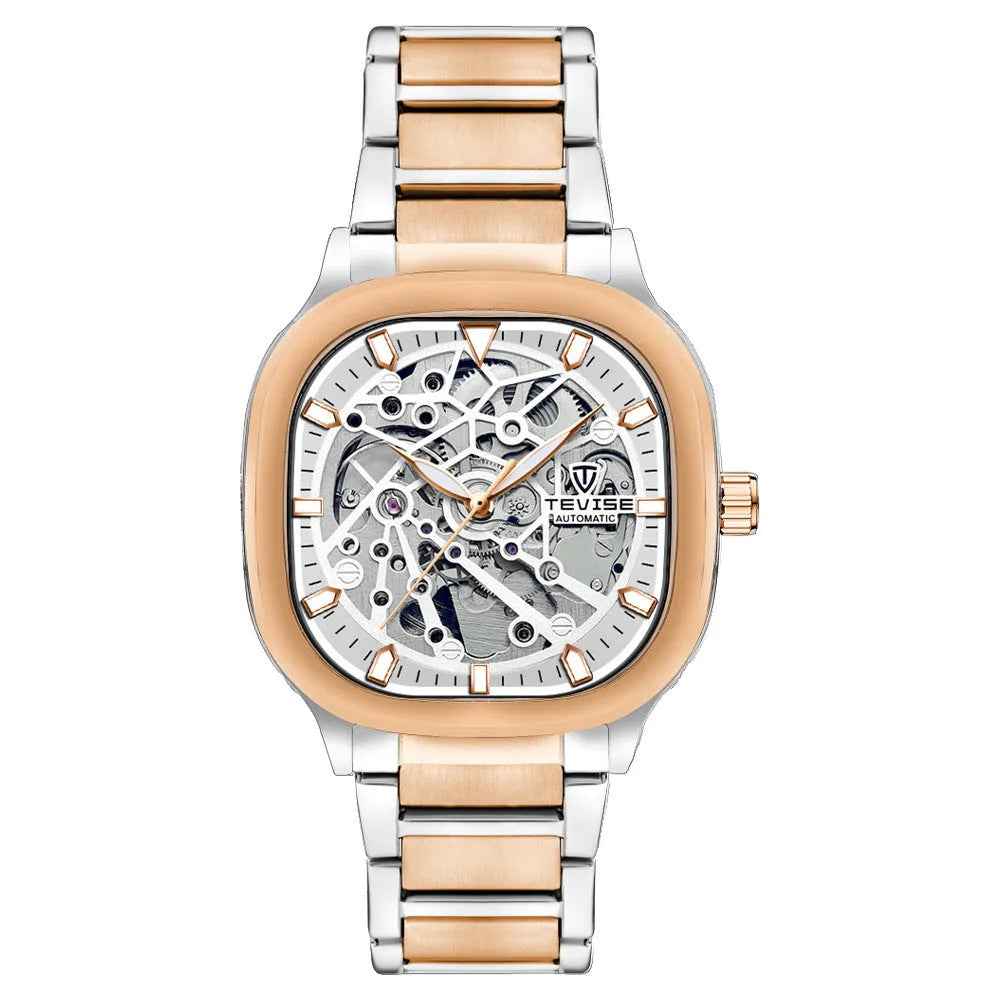 Men's automatic watch with luminous hands on a stainless steel strap, featuring a square hollow metal case.