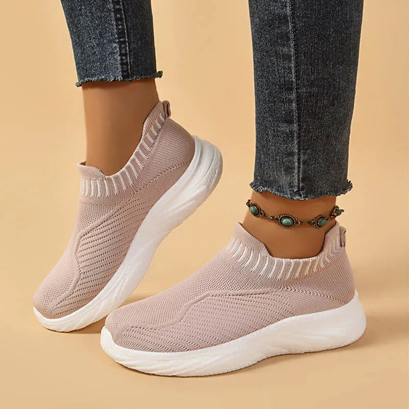 Women striped flat sneakers lightweight breathable slip on shoes PU outsole Black