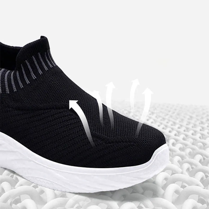 Women striped flat sneakers lightweight breathable slip on shoes PU outsole Black