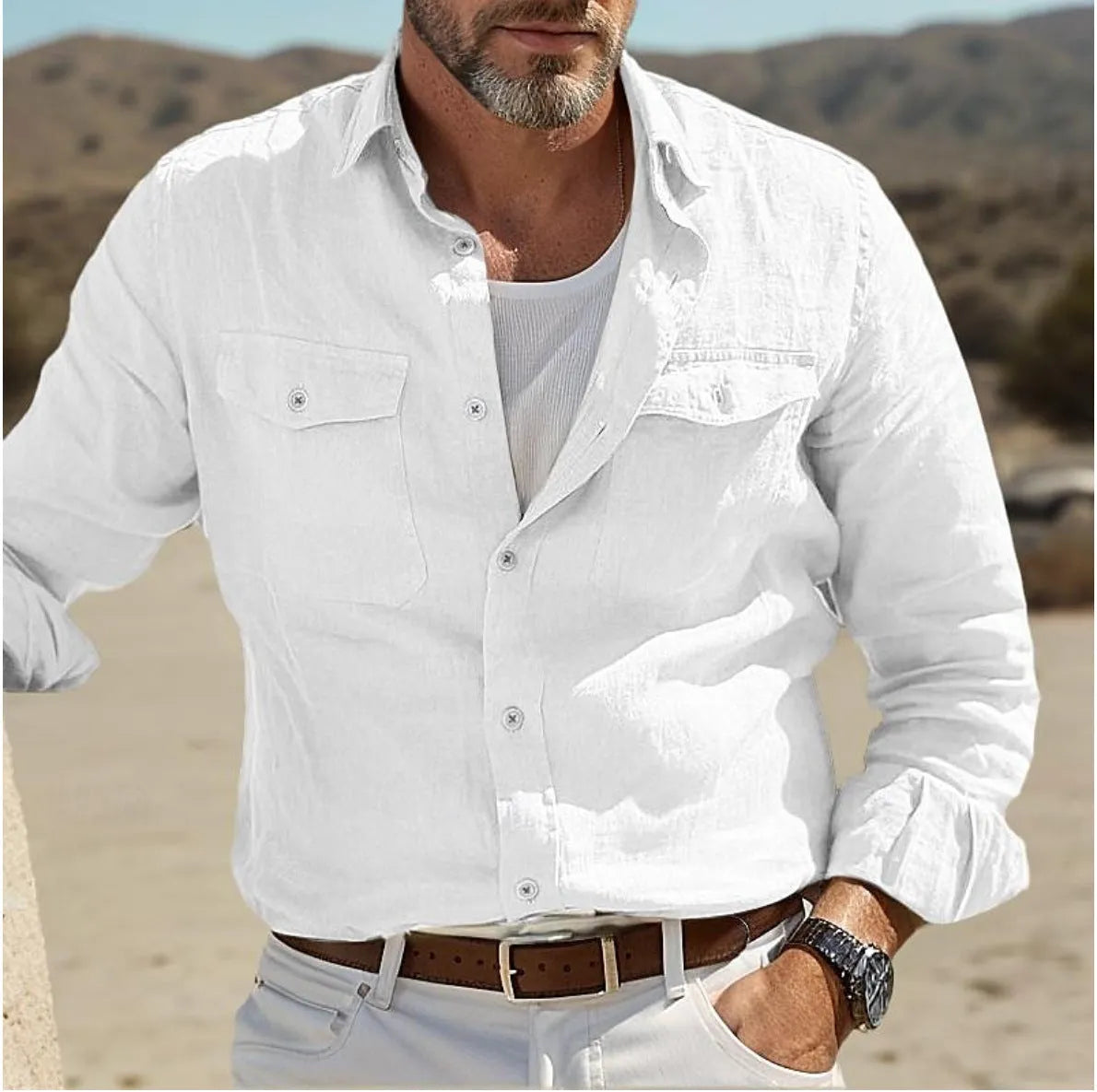 Men's long-sleeved cotton linen summer shirt in loose fit casual style