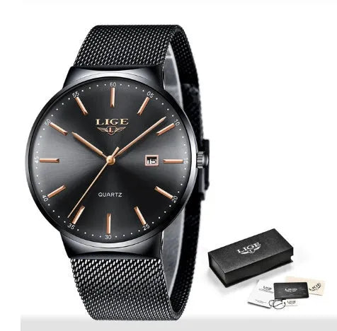 Men's stainless steel watch with 40mm dial on a metal bracelet in black, blue, or two-tone colour