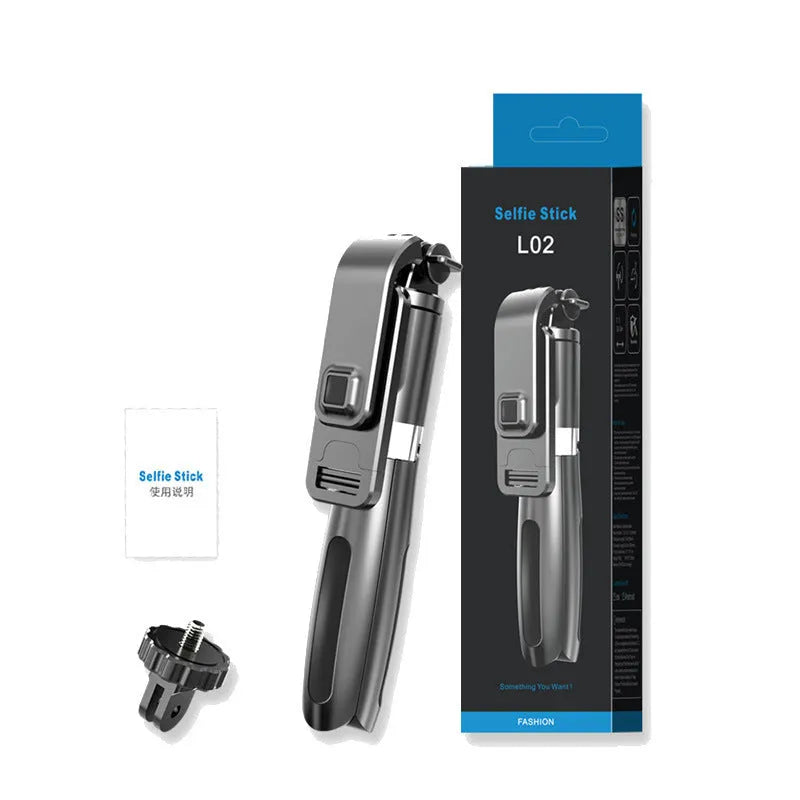 Black Bluetooth selfie stick extended with smartphone mounted, wireless remote control visible