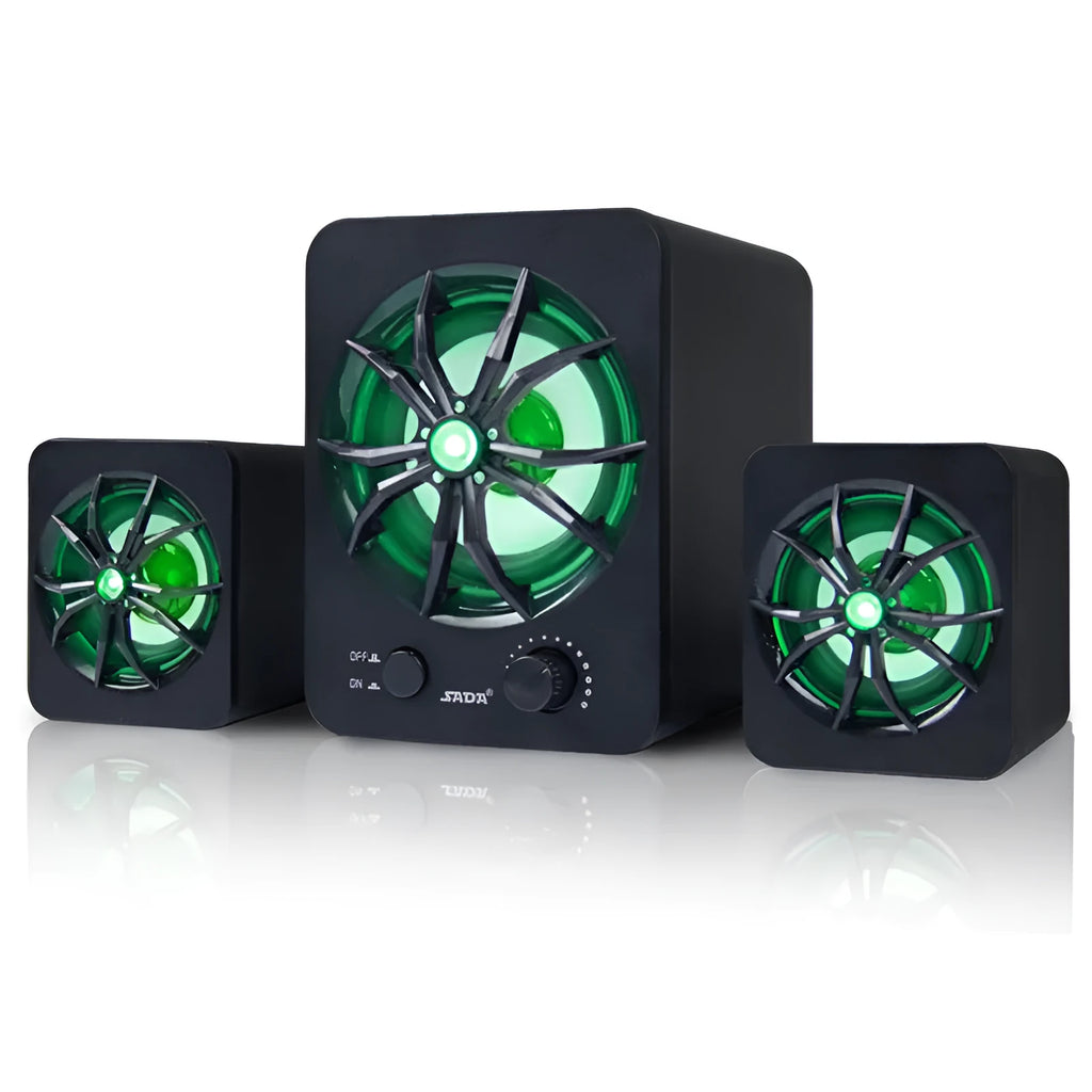 Green USB computer speaker with colourful glow lights showing 2.1 channel audio ports