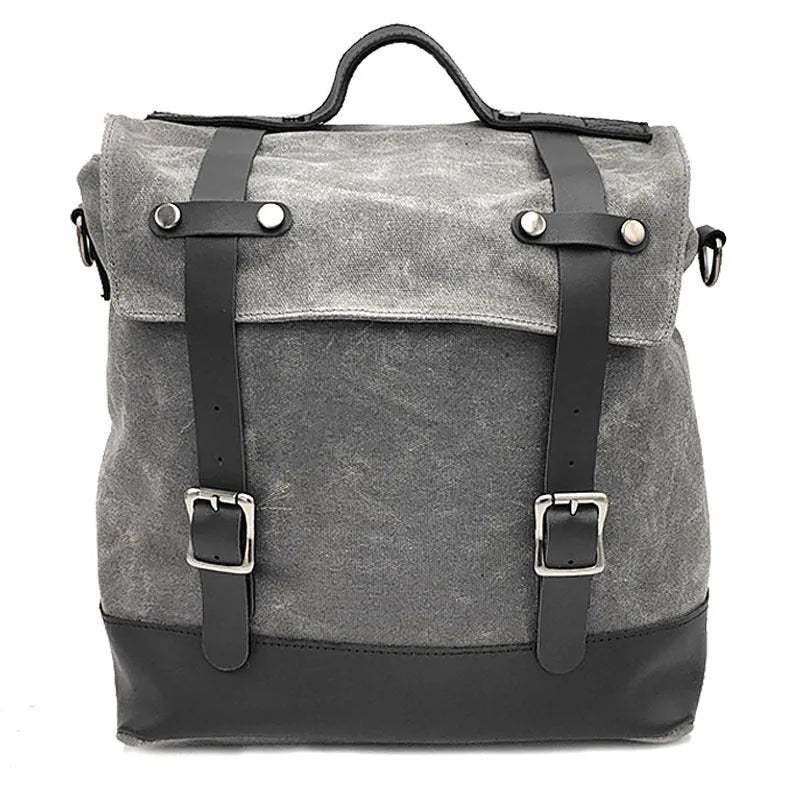 Waterproof canvas motorcycle side pannier pack with cowhide top layer in black colour