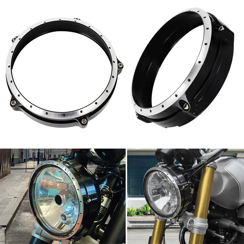 Black CNC aluminium headlight protective cover for BMW R NineT Scrambler motorcycle