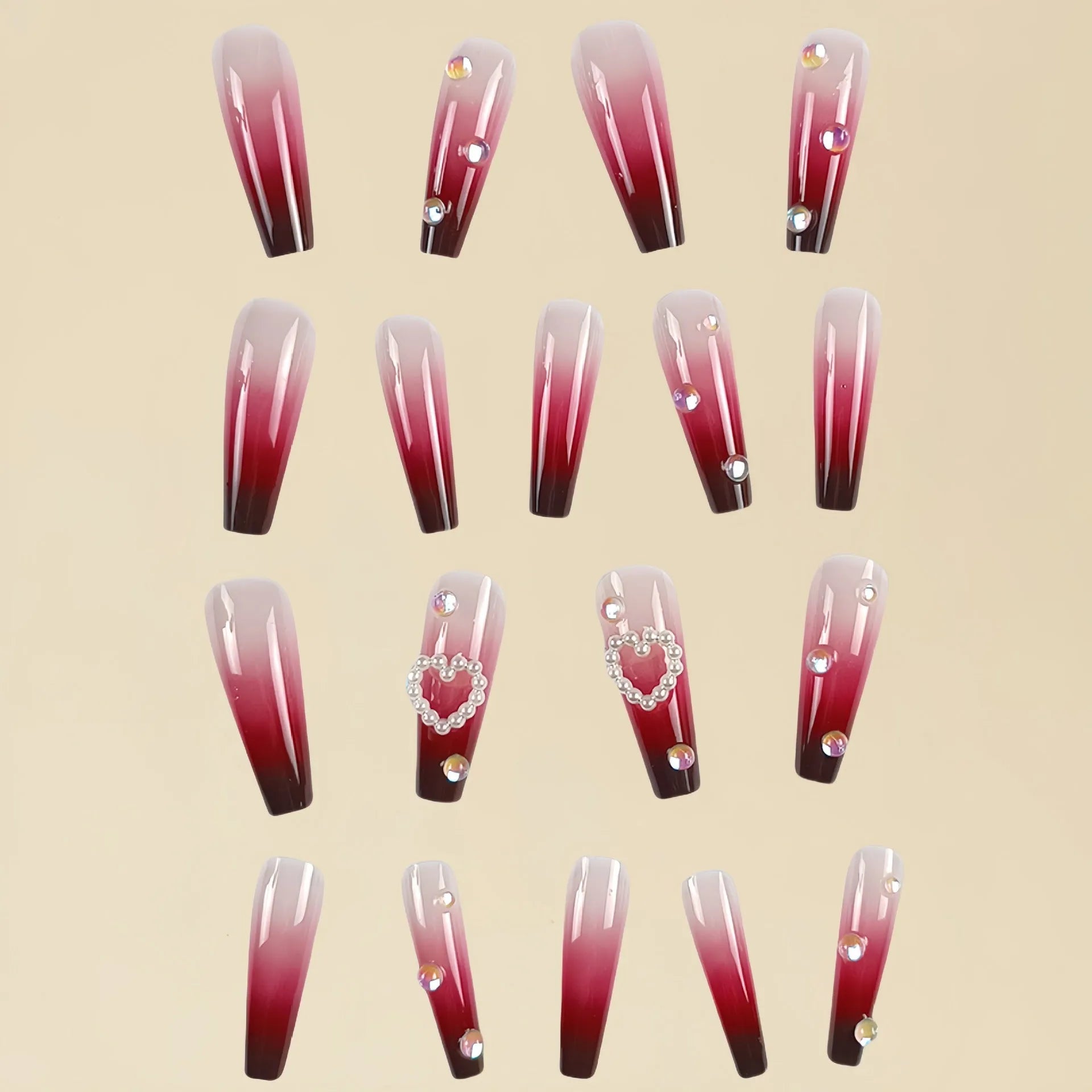 Wine red gradient fake nail tips with pearl heart design and plaid pattern
