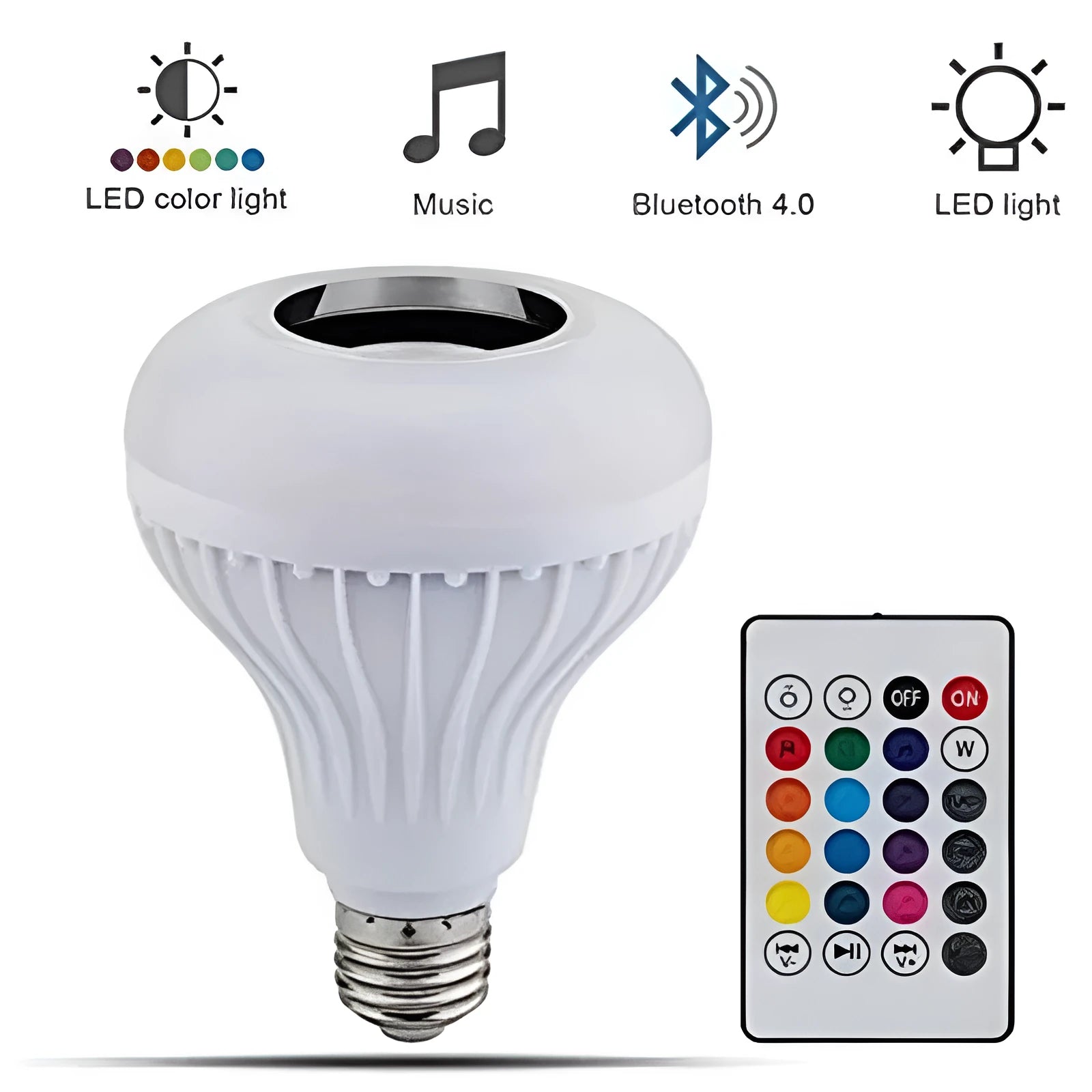 White Bluetooth speaker LED light bulb with E27 base showing multi-colour lighting options