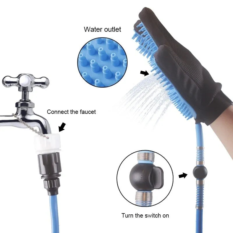 Blue handheld pet shower head with silicone massage glove, 7.5 ft hose and two faucet adapters for dog and cat bathing