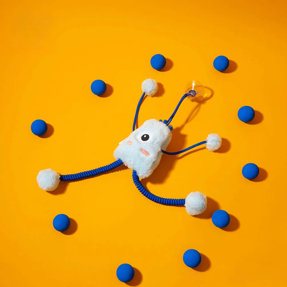 Blue plush cat toy ring with elastic rope and bell on a white background