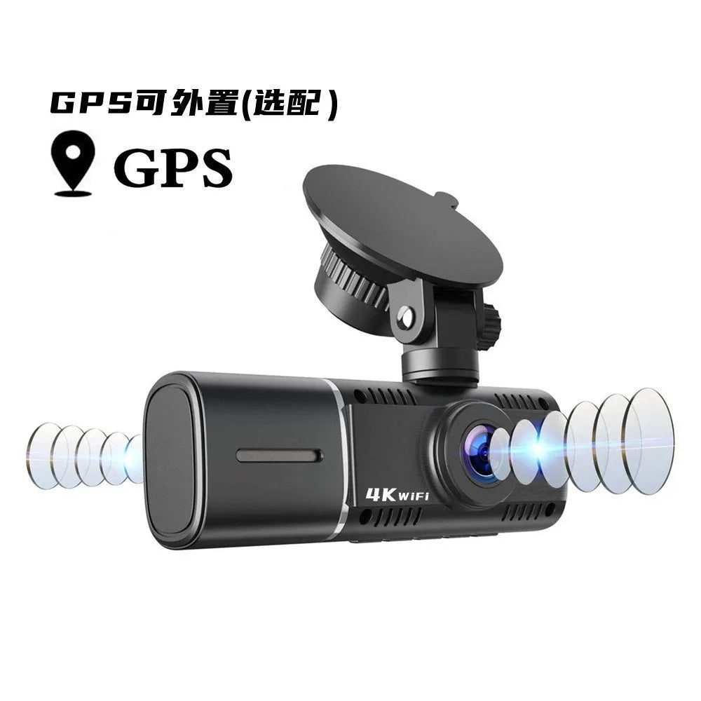 Black dash camera with dual lenses for front and rear recording, 1.5-inch screen, and car mounting stand