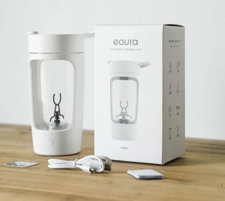 Portable rechargeable blender cup in blue, showing its 650ml capacity and compact design.