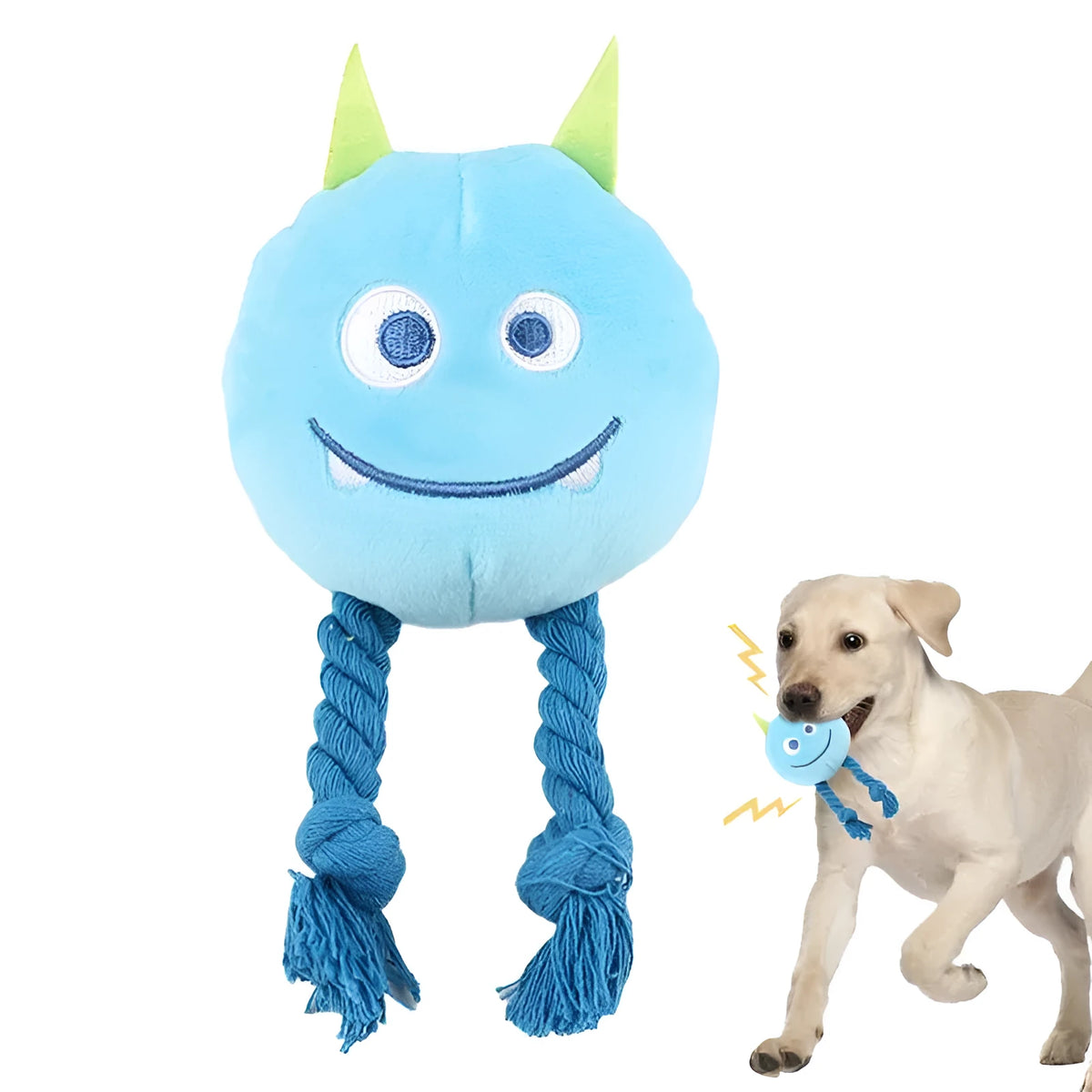 Squeaky dog toy with strong knot design, cotton rope and PP cotton filling, cartoon shape, yellow or blue