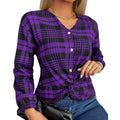 Women's purple and grey plaid loose-fit casual shirt with regular sleeves, laid flat.